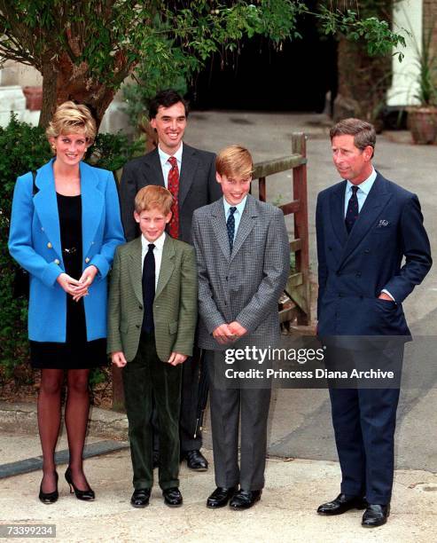 The Prince and Princess of Wales and family outside Manor House at Eton College with housemaster Dr Andrew Gailey on Prince William's first day at...