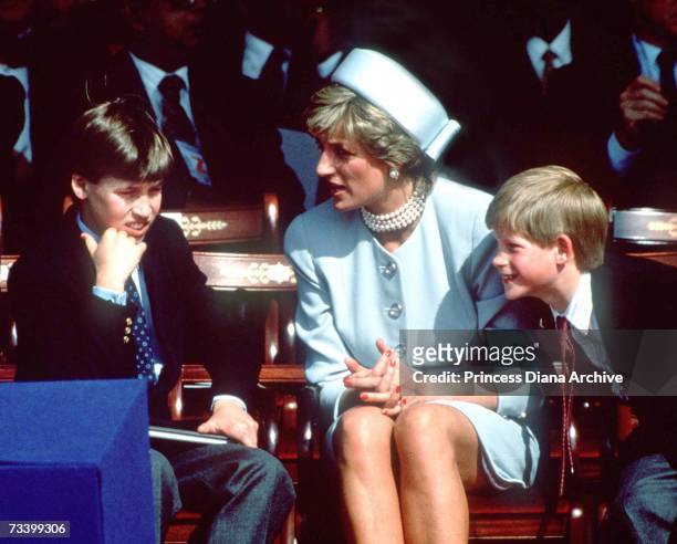 Princess Diana with her sons Prince William and Prince Harry at the V.E Day commemorations in Hyde Park, London, May 1995.