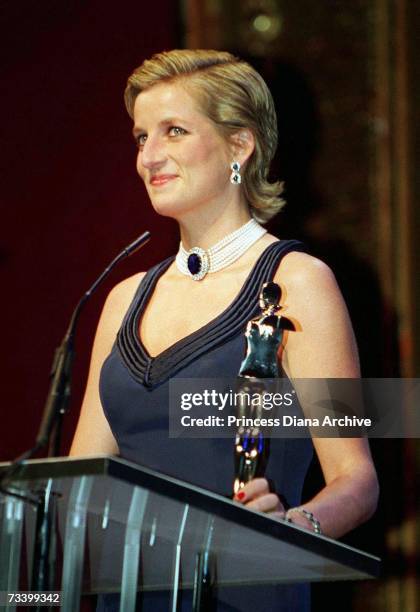 Princess Diana presenting the Fashion Designer Awards at the Lincoln Center, New York, during a two-day visit to the city, January 1995. She is...