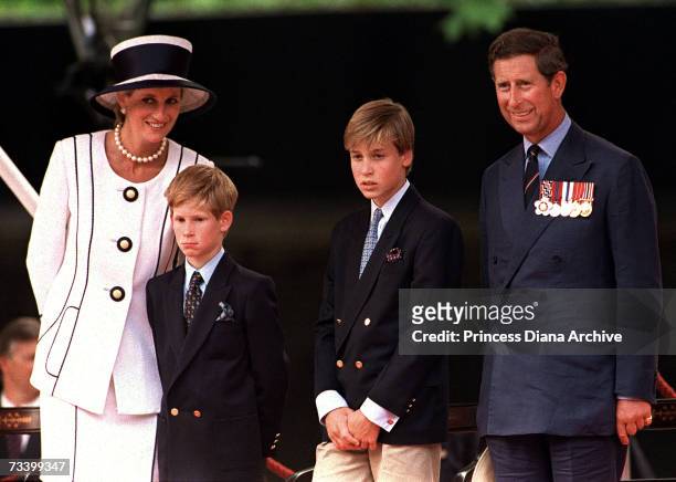 Princess Diana , Prince Harry, Prince William and Prince Charles at a parade in the Mall, London, during V.J. Day commemorations, August 1994. Diana...