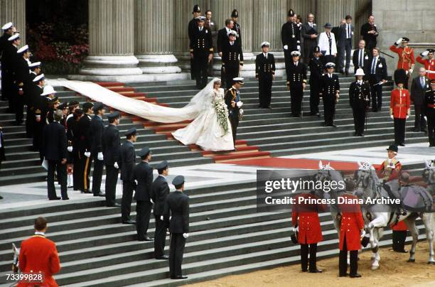 The Prince and Princess of Wales leave St Paul's Cathedral on their wedding day, 29th July 1981.