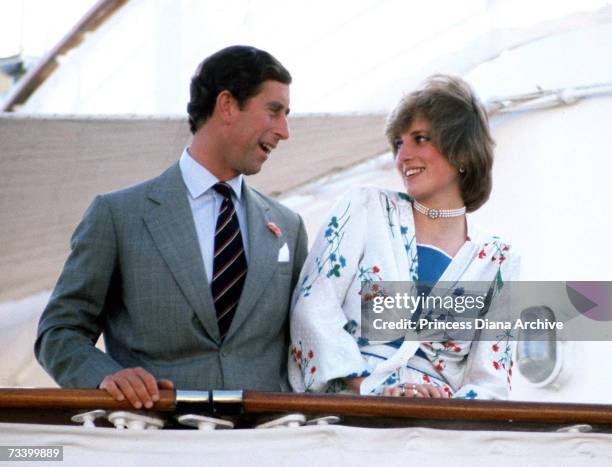 The Prince and Princess of Wales leave Gibraltar on the Royal Yacht Britannia for their honeymoon cruise, 31st July 1981. The Princess wears a Donald...