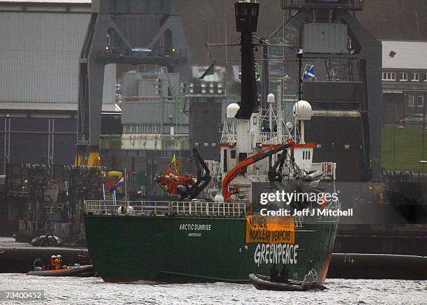 The Greenpeace ship the Arctic Sunrise blockades the Faslane naval base which is the home of the UK's nuclear deterrent February 23, 2007 in...