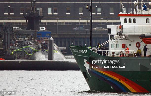 The Greenpeace ship the Arctic Sunrise blockades the Faslane naval base which is the home of the UK's nuclear deterrent February 23, 2007 in...