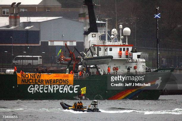 The Greenpeace ship the Arctic Sunrise blockades the Faslane naval base which is the home of the UK's nuclear deterrent February 23, 2007 in...