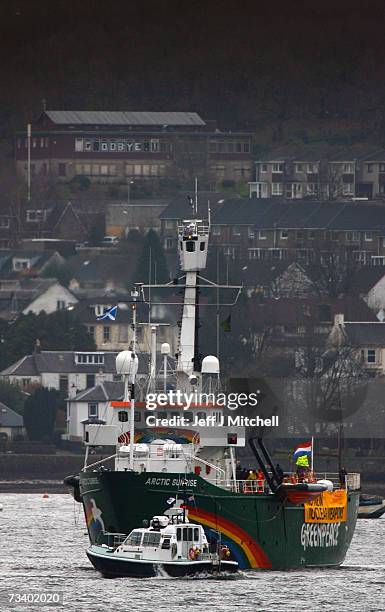 The Greenpeace ship the Arctic Sunrise blockades the Faslane naval base which is the home of the UK's nuclear deterrent February 23, 2007 in...