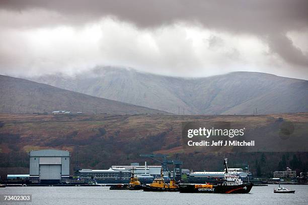 The Greenpeace ship Arctic Sunrise blockades at the Faslane naval base which is the home of the UK's nuclear deterrent on February 23, 2007 in...