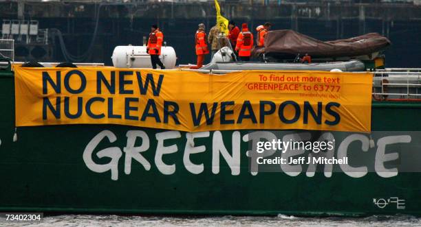 The Greenpeace ship Arctic Sunrise blockades at the Faslane naval base which is the home of the UK's nuclear deterrent on February 23, 2007 in...