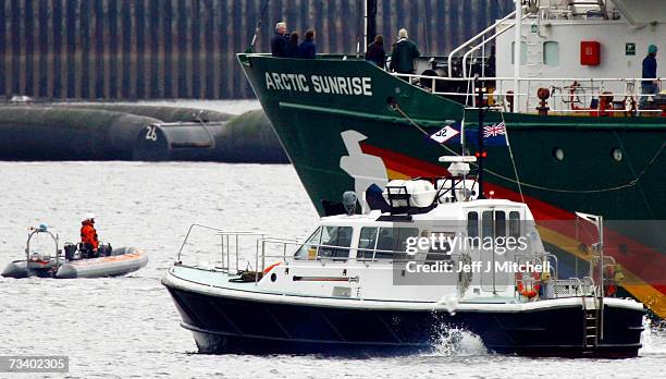 The Greenpeace ship Arctic Sunrise blockades at the Faslane naval base which is the home of the UK's nuclear deterrent on February 23, 2007 in...