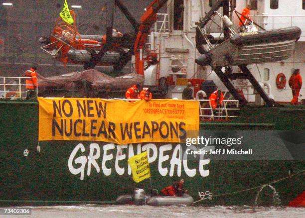 The Greenpeace ship Arctic Sunrise blockades at the Faslane naval base which is the home of the UK's nuclear deterrent on February 23, 2007 in...