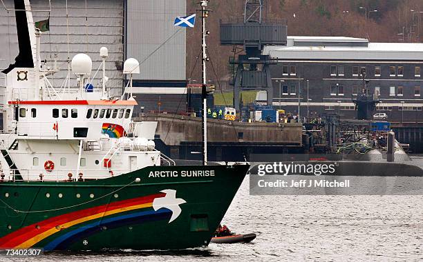 The Greenpeace ship Arctic Sunrise blockades at the Faslane naval base which is the home of the UK's nuclear deterrent on February 23, 2007 in...
