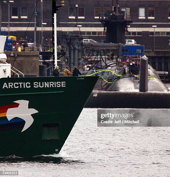 The Greenpeace ship Arctic Sunrise blockades at the Faslane naval base which is the home of the UK's nuclear deterrent on February 23, 2007 in...