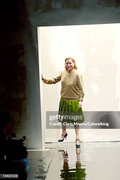 Designer Miuccia Prada walks the runway at the Prada Autumn/Winter 2007 collection during Milan Fashion Week February 20, 2007 in Milan, Italy.