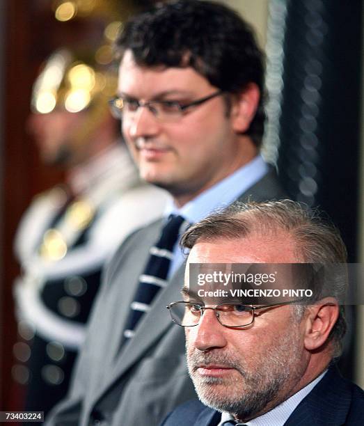 Franco Giordano flanked by Franco Smeriglio of Rifondazione Comunista Party, answers journalists' questions at the Quirinale Palace after consulting...