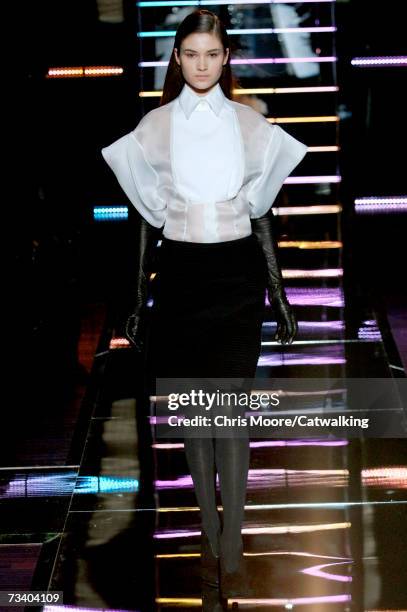 Model walks down the catwalk during the Gianfranco Ferre fashion show as part of Milan Fashion Week Autumn/Winter 2007 on February 23, 2007 in Milan,...