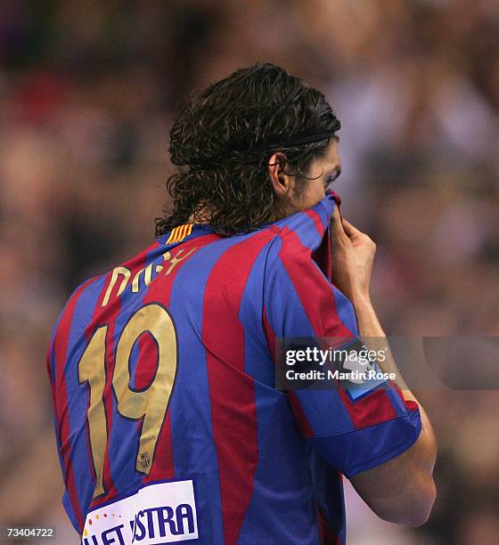 Laszlo Nagy of Barcelona wipes his face after the Champions League quarter final game between SG Flensburg Handewitt and FC Barcelona at the Campus...