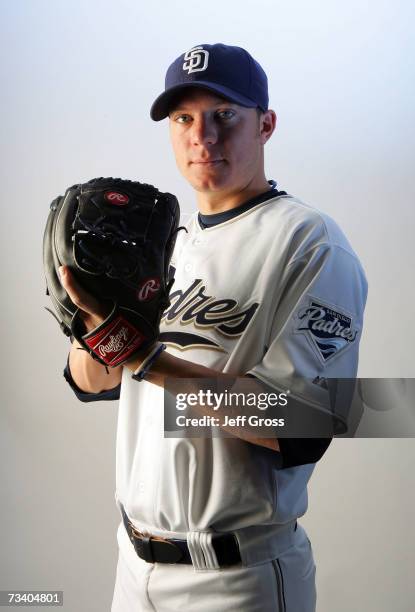 Pitcher Jake Peavy of the San Diego Padres poses for a portrait during San Diego Padres Photo Day at the Peoria Sports Complex on February 23, 2007...