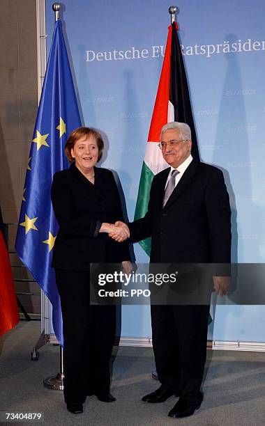 Palestinian President Mahmoud Abbas and Chancellor of Germany, Angela Merkel speaks to the media after talks on February 23, 2007 in Berlin, Germany....