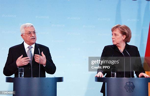 Palestinian President Mahmoud Abbas and Chancellor of Germany, Angela Merkel speaks to the media after talks on February 23, 2007 in Berlin, Germany....