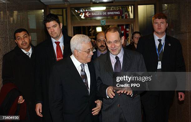Palestinian President Mahmoud Abbas and High Representative for Foreign and Security Policy of the EU, Javier Solana speaks to the media after talks...