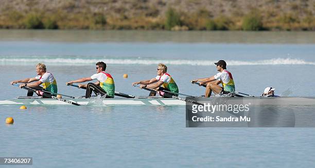 Dane Boswell, Paul Gerritsen, Selwyn Cleland, Eric Murray and cox Rachel Goudie lead the race in the Mens Premier Coxed Four Final during the New...