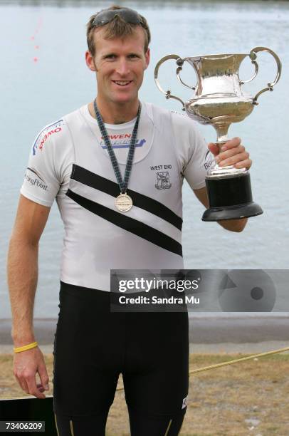 Mahe Drysdale of Auckland with his gold medal and cup after winning the Mens Premier Single Sculls Final during the New Zealand National Rowing...