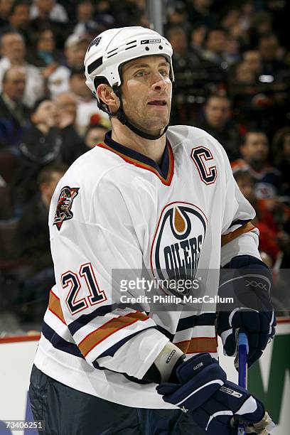 Jason Smith of the Edmonton Oilers looks on against the Ottawa Senators on February 20, 2007 at Scotiabank Place in Ottawa, Ontario, Canada. The...