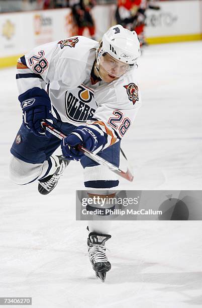 Patrick Thoresen of the Edmonton Oilers skates during warmups before the game against the Ottawa Senators on February 20, 2007 at Scotiabank Place in...