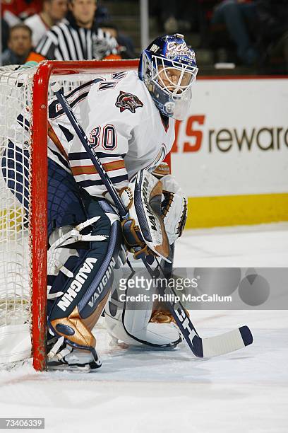 Jussi Markkanen of the Edmonton Oilers tends goal against the Ottawa Senators on February 20, 2007 at Scotiabank Place in Ottawa, Ontario, Canada....