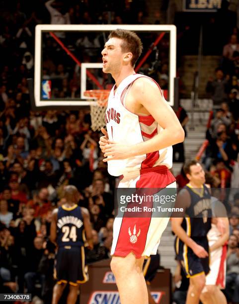 Andrea Bargnani of the Toronto Raptors celebrates his 3-pointer against the Indiana Pacers on February 23, 2007 at the Air Canada Centre in Toronto,...
