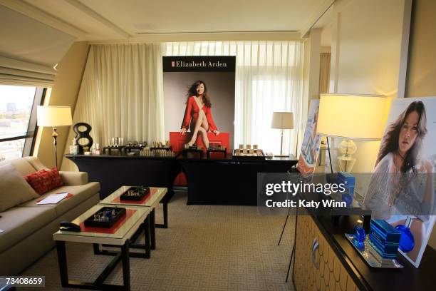 Products are displayed at The Stuart Weitzman luxury suite showcasing an exclusive Oscar shoe collection; skin care products by Mario Badescu,...