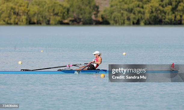 Caroline Evers-Swindell leads the race in the Womens Premier Single Sculls Final during the New Zealand National Rowing Championships at Lake...