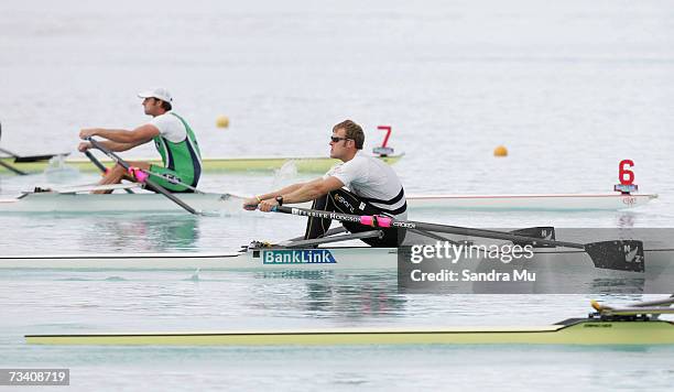 Mahe Drysdale of Auckland and Brendon Long of Tasmanian Institute of Sport leave the starters box in the Mens Premier Single Sculls Final during the...