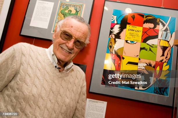 Comic book legend Stan Lee poses at the opening reception for ''Stan Lee: A Retrospective'' presented by the Museum of Comic and Cartoon Art on...