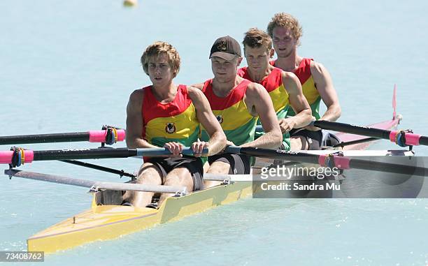 Fraser Johns, Joseph Morgan, Williams Shaw and Nick Burrows of Waikato leaves the starters box for the Mens Under 19 coxed Four Final during the New...