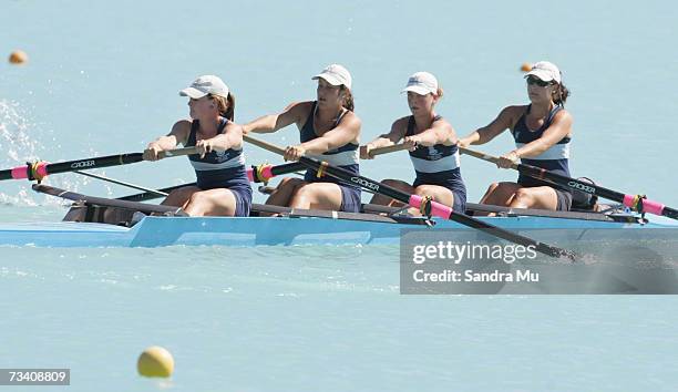 Natalie Matheson, Sian Jones,White, Natalie Stuart and Kirsty Thompson of Nelson leave the starters box for the Womens Under 19 coxed Four Final...