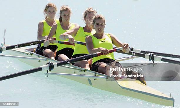 Lizzie Dickie, Sophia Duncan-Haines, Jessica Krejcisz and Martha Rowbotham of Petone leaves the starters box for the Womens Under 19 coxed Four Final...