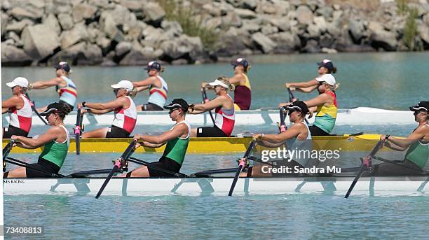 Georgina Evers-Swindell, Caroline Evers-Swindell, Fiona Paterson and Paula Twining of Waikato row during the Womens Premier Quad Final at the New...