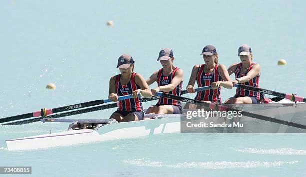 Meari Ono, Suzie Pottinger, Danielle Dore and Lucy Spoors of Canterbury leave the starters box for the Womens Under 19 coxed Four Final during the...