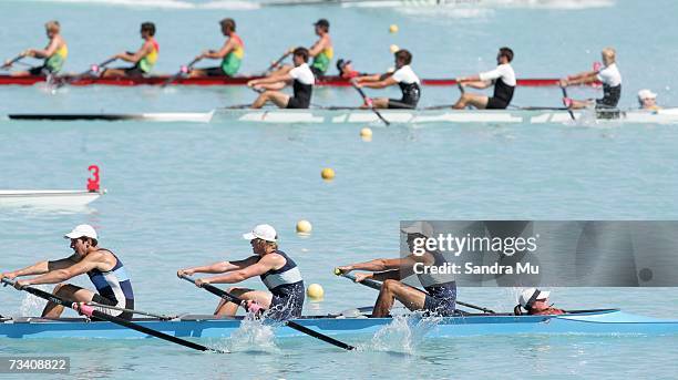 Rowers leave the starters box for the Mens Under 19 coxed Four Final during the New Zealand National Rowing Championships at Lake Ruataniwha,...