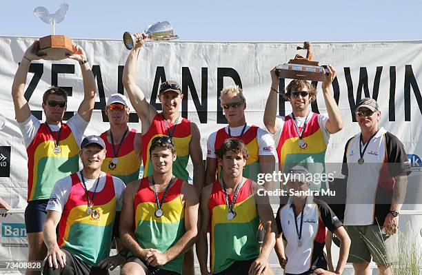 Waikato celebrate with their trophies on the podium after winning gold in the Mens Premier Eight Final during the New Zealand National Rowing...