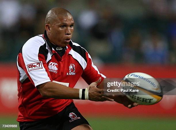 Enrico Januarie of the Lions pases the ball during the round four Super 14 match between the Western Force and the Lions at Subiaco Oval on February...