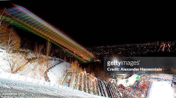 Stephan Hocke of Germany soars through the air in the Large Hill Jumping Event at the Okurayama Jumping Area during the FIS Nordic World Ski...