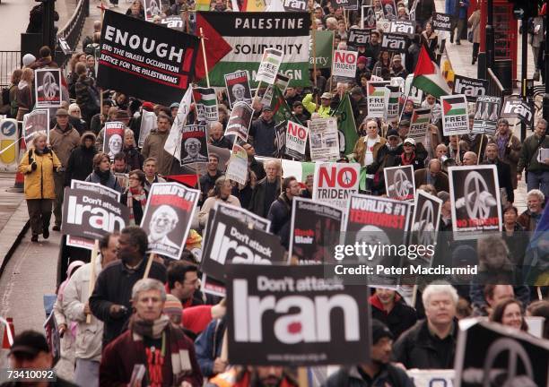 Protestors march to Trafalgar Square on February 24, 2007 in Picadilly, London. The Stop the War Coalition, Campaign for Nuclear Disarmament and the...