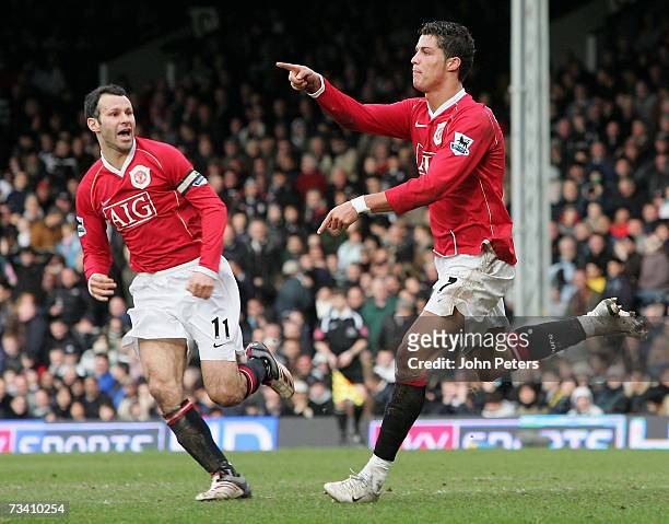 Cristiano Ronaldo of Manchester United celebrates scoring United's second goal during the Barclays Premiership match between Fulham and Manchester...