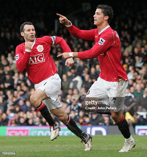 Cristiano Ronaldo of Manchester United celebrates scoring United's second goal during the Barclays Premiership match between Fulham and Manchester...