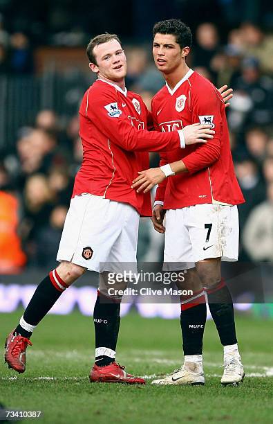 Wayne Rooney of Manchester United and Cristiano Ronaldo of Manchester United celebrates after during the Barclays Premiership match between Fulham...