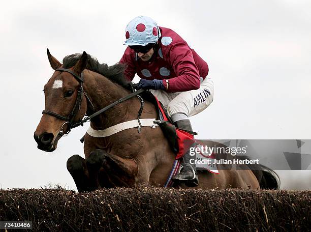 Andrew Thornton and Simon clear the last fence before landing The Racing Post Handicap Steeple Chase Race run at Kempton Racecourse onFebruary 24,...