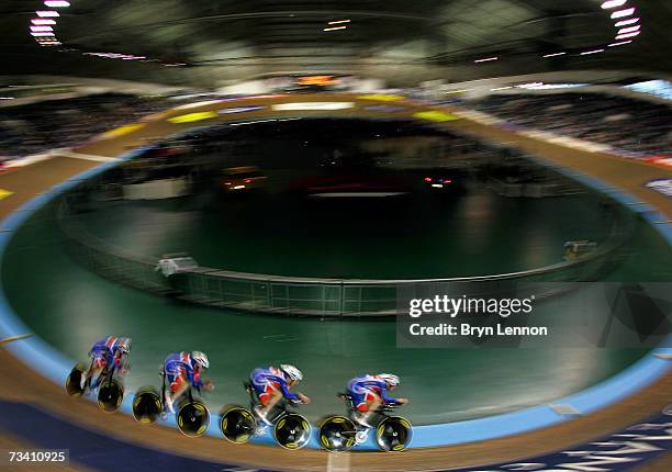 Bradley Wiggins, Edward Clancy, Rob Hayle, and Paul Manning of Great Britain in action in qualifying for the Team Pursuit during the UCI Track...