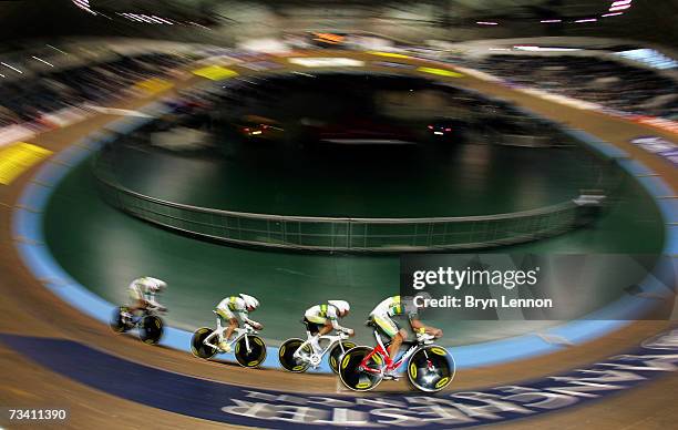 Jack Bobridge, Mitchell Docker, Leigh Howard and Travis Meyer of Australia in action during qualifying for the Team Pursuit at the UCI Track Cycling...